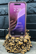 Skull Pile Phone Stand – Hand Painted, 3D Printed Gothic Desk Accessory (Pewter or Gold)