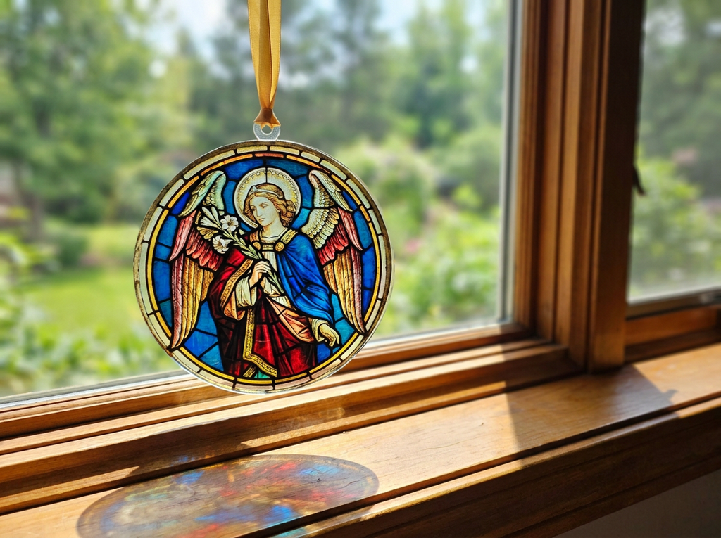 4" Round Clear Acrylic Stained Glass Style Angel Christmas Ornament