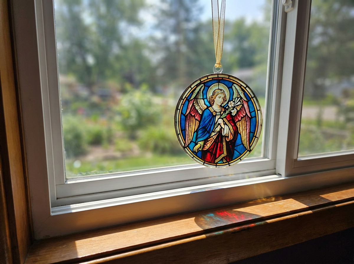 4" Round Clear Acrylic Stained Glass Style Angel Christmas Ornament