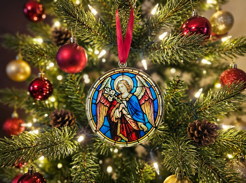 4" Round Clear Acrylic Stained Glass Style Angel Christmas Ornament