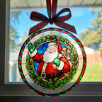 4" Round Clear Acrylic Stained Glass Style Santa Claus Christmas Ornament