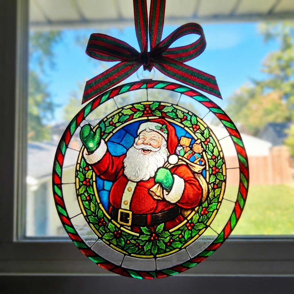 4" Round Clear Acrylic Stained Glass Style Santa Claus Christmas Ornament