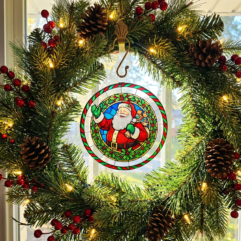 4" Round Clear Acrylic Stained Glass Style Santa Claus Christmas Ornament