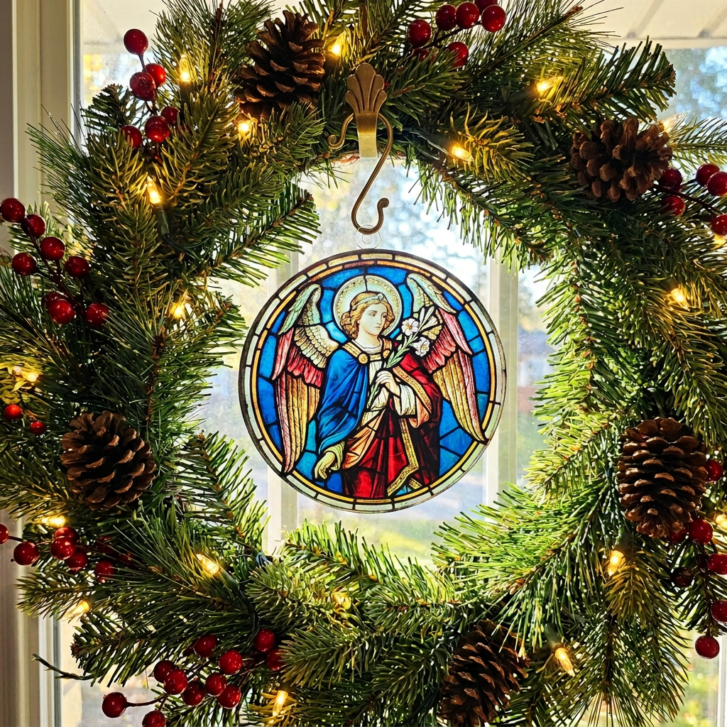 4" Round Clear Acrylic Stained Glass Style Angel Christmas Ornament