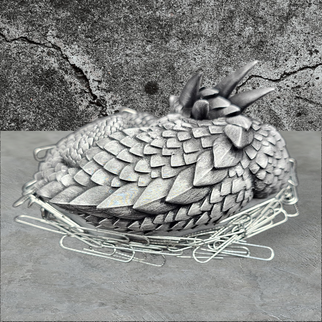 3D Printed Dragons Nest, Hand Painted Silver Sleeping Dragon Magnetic Paperclip Holder