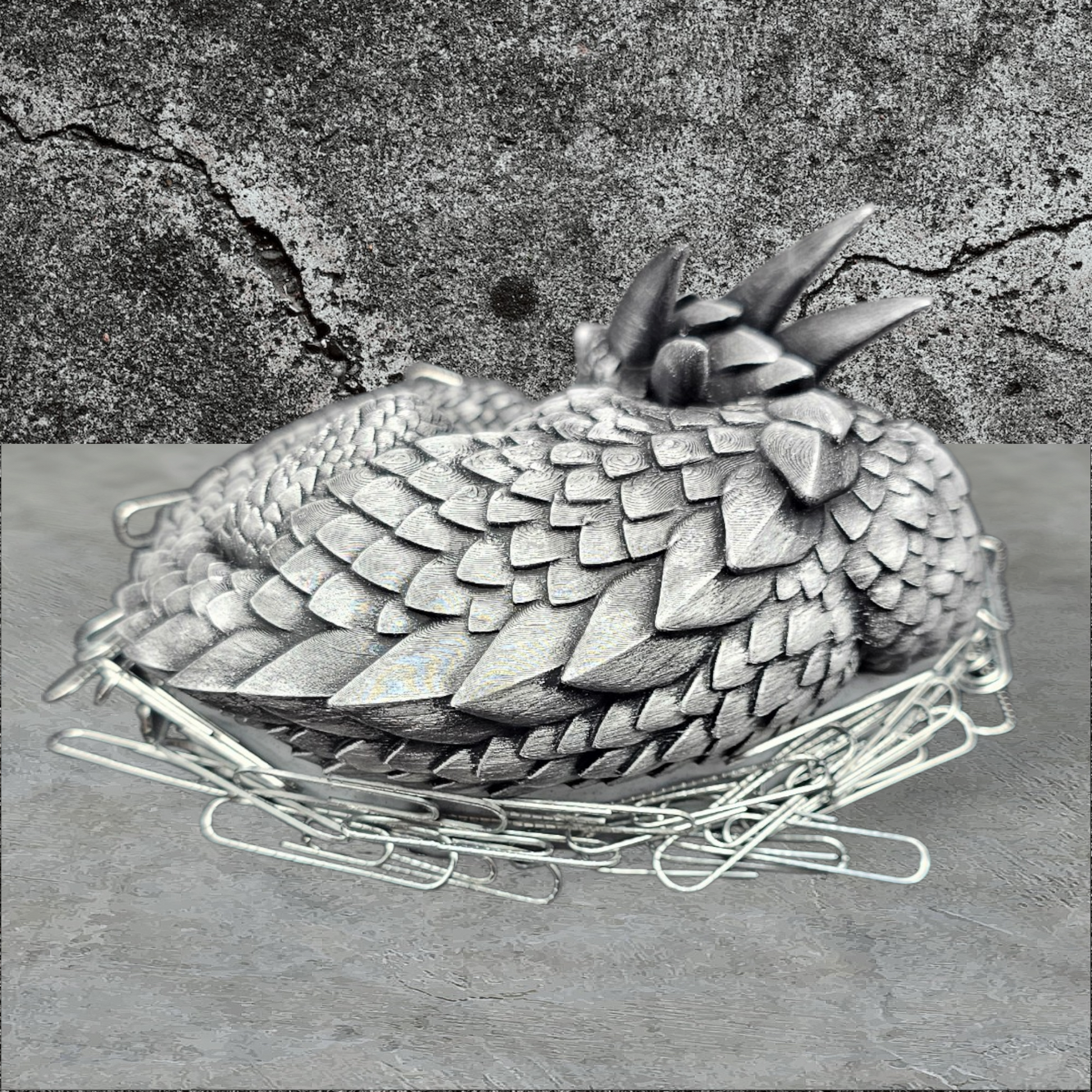 3D Printed Dragons Nest, Hand Painted Silver Sleeping Dragon Magnetic Paperclip Holder