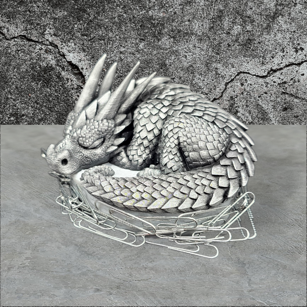3D Printed Dragons Nest, Hand Painted Silver Sleeping Dragon Magnetic Paperclip Holder