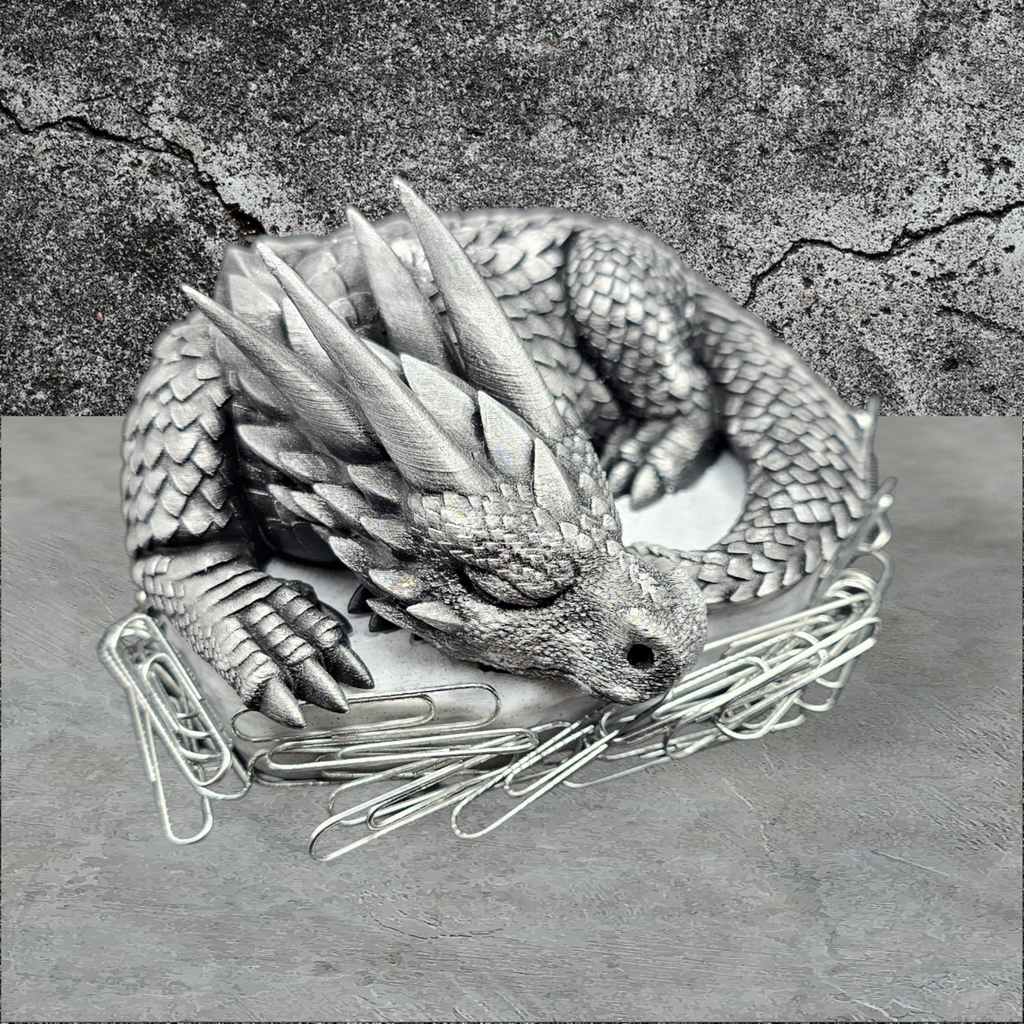 3D Printed Dragons Nest, Hand Painted Silver Sleeping Dragon Magnetic Paperclip Holder