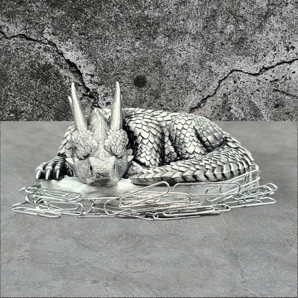 3D Printed Dragons Nest, Hand Painted Silver Sleeping Dragon Magnetic Paperclip Holder