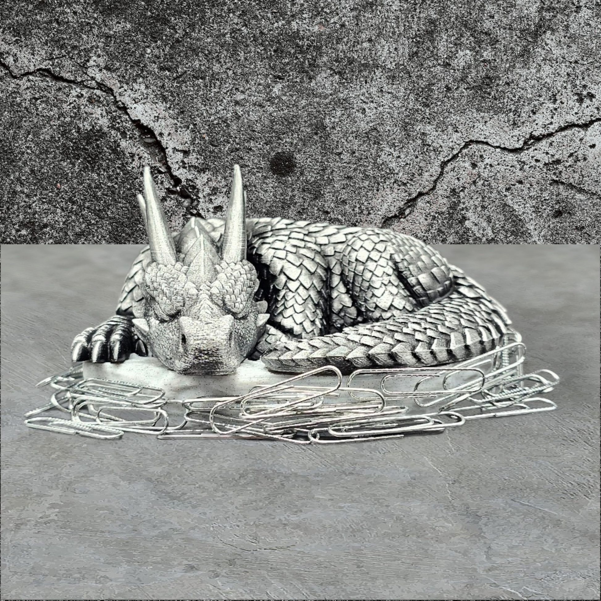 3D Printed Dragons Nest, Hand Painted Silver Sleeping Dragon Magnetic Paperclip Holder
