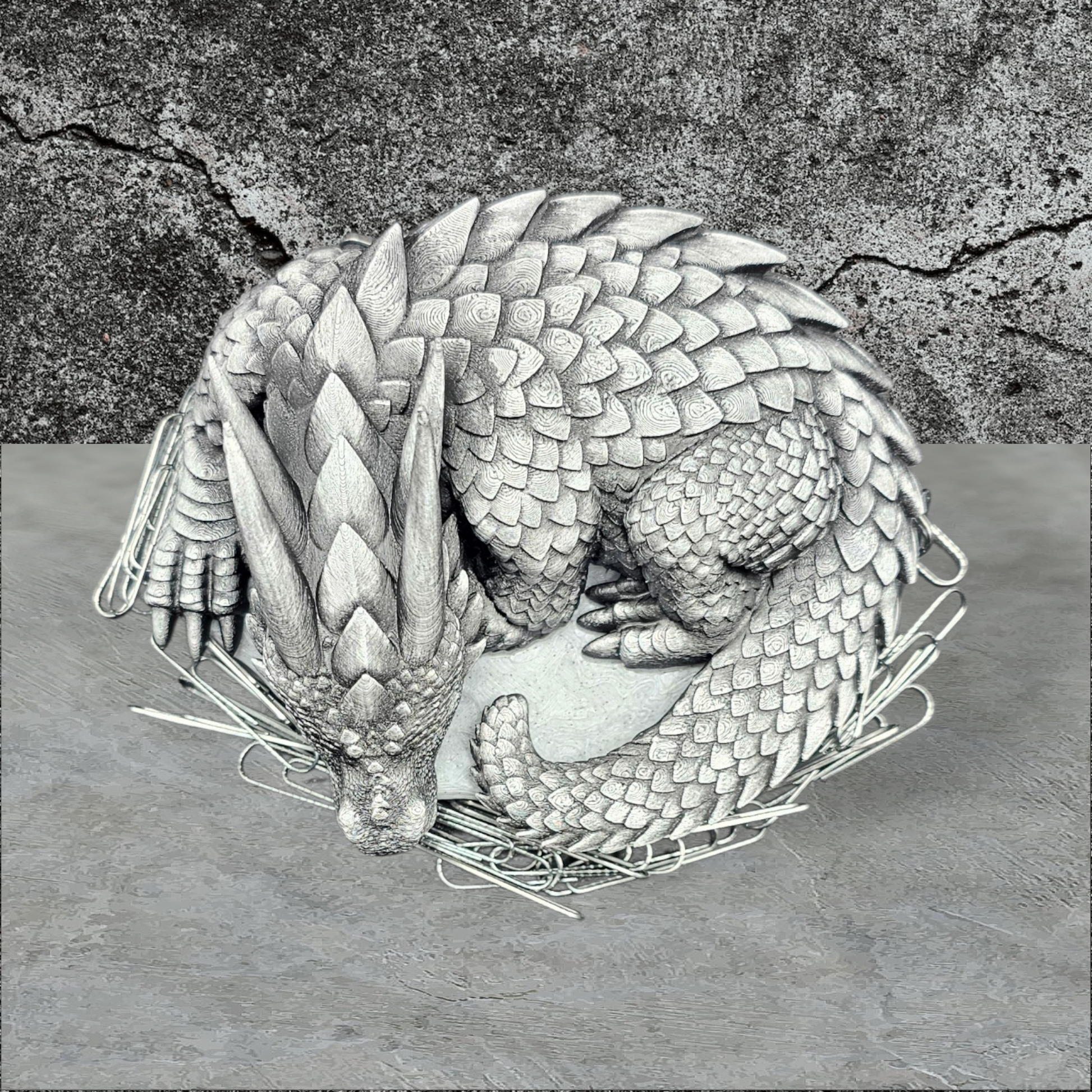 3D Printed Dragons Nest, Hand Painted Silver Sleeping Dragon Magnetic Paperclip Holder
